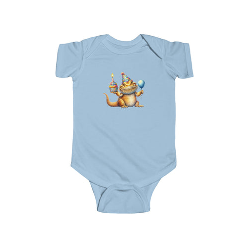 Bearded dragon in a party hat with a cupcake and balloon, on a light blue baby bodysuit