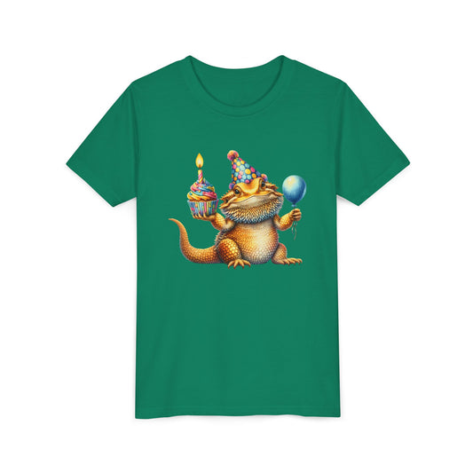 Bearded dragon in a party hat with a cupcake and balloon, on a kelly green kids shirt