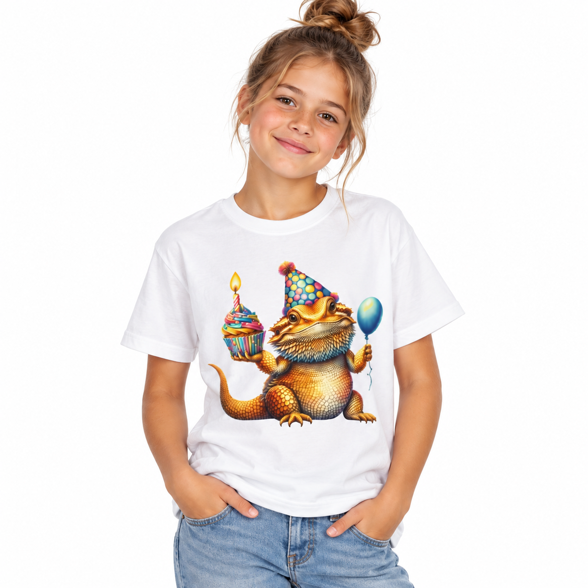 Birthday bearded dragon design on a kids graphic tee