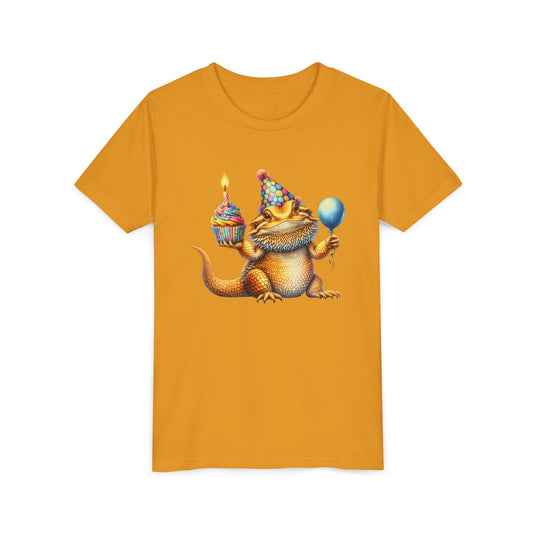 Bearded dragon in a party hat with a cupcake and balloon, on a mustard kids shirt