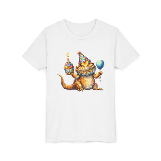 Bearded dragon in a party hat with a cupcake and balloon, on a white kids shirt
