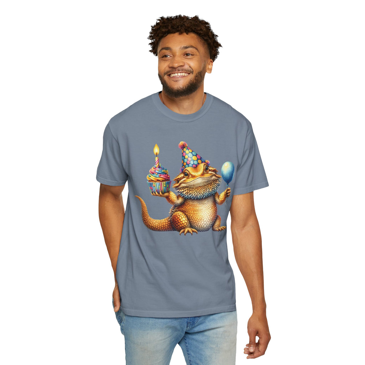 Birthday bearded dragon design on a men's Comfort Colors shirt