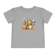 Bearded dragon in a party hat with a cupcake and balloon, on an athletic heather toddler shirt