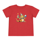 Bearded dragon in a party hat with a cupcake and balloon, on a heather red toddler shirt