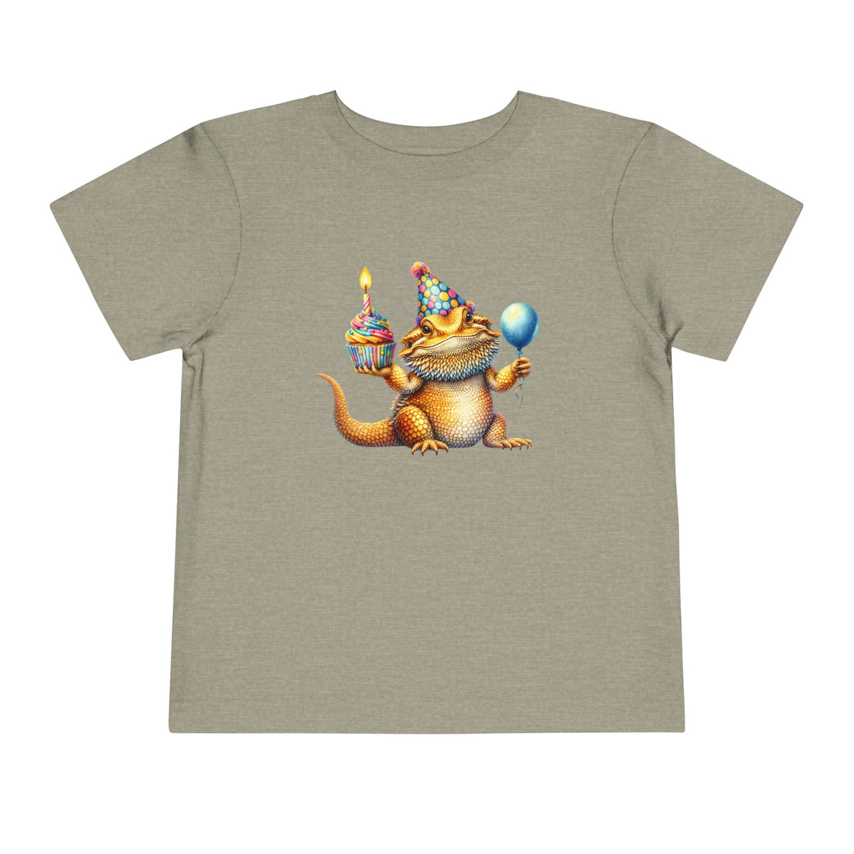 Bearded dragon in a party hat with a cupcake and balloon, on a heather stone toddler shirt