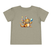 Bearded dragon in a party hat with a cupcake and balloon, on a heather stone toddler shirt