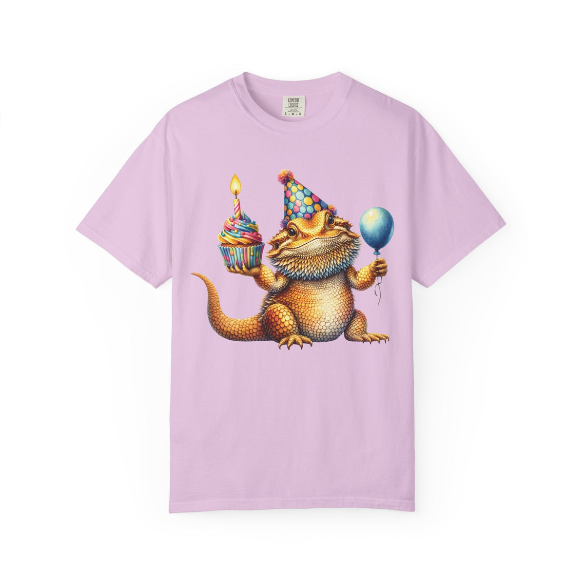 Bearded dragon in a party hat with a cupcake and balloon, on an orchid women's shirt