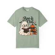 Book Club Ghost Halloween design on a bay green women's shirt