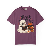 Book Club Ghost Halloween design on a berry women's shirt