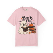 Book Club Ghost Halloween design on a blossom pink women's shirt
