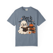 Book Club Ghost Halloween design on a blue jean women's shirt