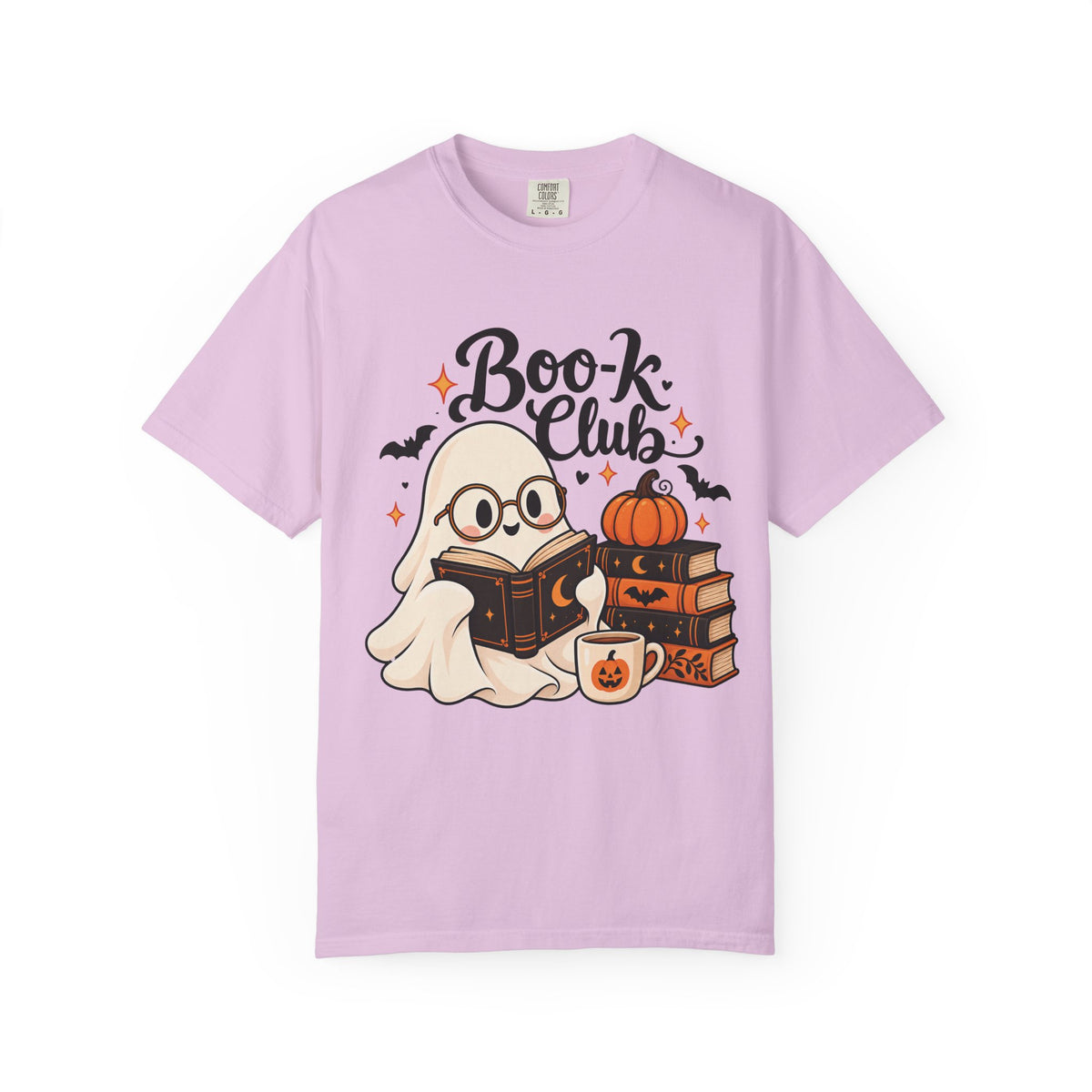 Book Club Ghost Halloween design on an orchid women's shirt