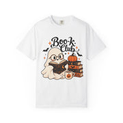 Book Club Ghost Halloween design on a white women's shirt