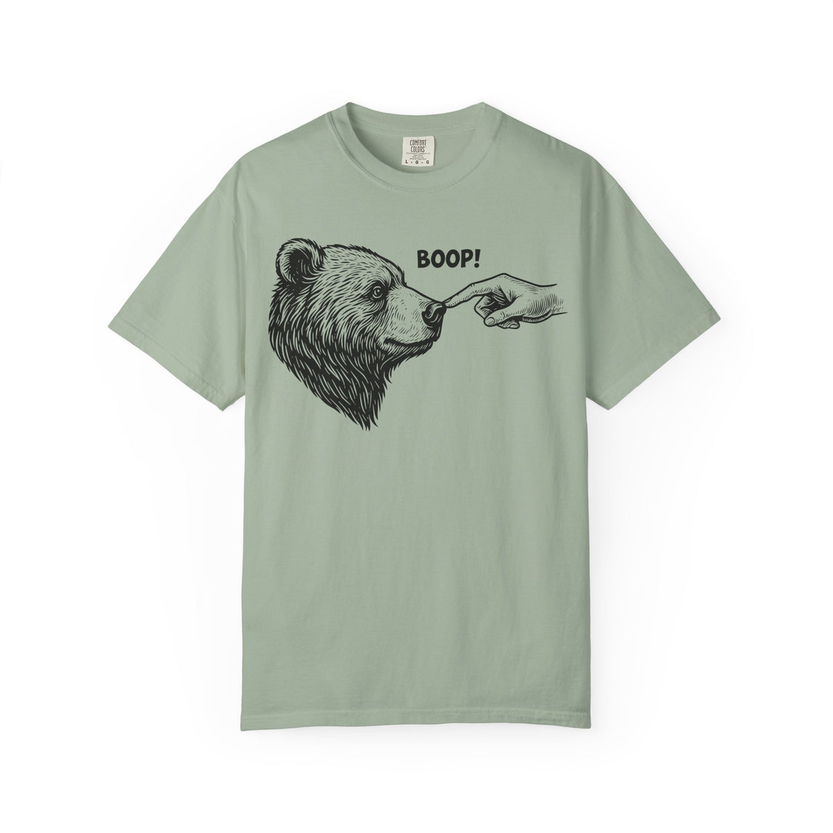 Sketched grizzly being booped on the nose with BOOP! above, on a bay green men's shirt