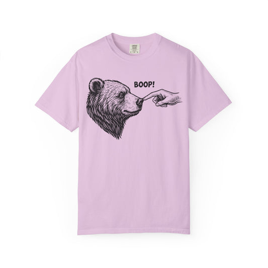 Sketched grizzly being booped on the snout with BOOP! above, on an orchid purple women's shirt