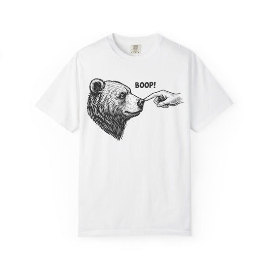 Sketched grizzly being booped on the snout with BOOP! above, on a white women's shirt