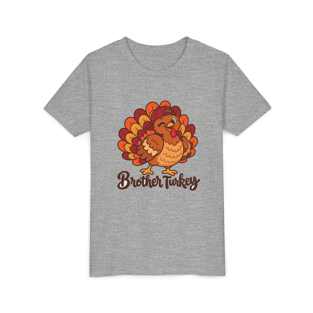 Brother Turkey matching Thanksgiving design on an athletic heather kids shirt