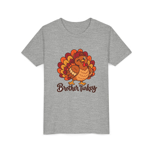 Brother Turkey matching Thanksgiving design on an athletic heather kids shirt