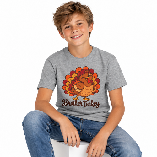 Boy wearing the Brother Turkey matching Thanksgiving shirt