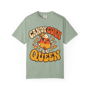 Candy Corn Queen design on a bay green women's shirt