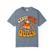 Candy Corn Queen design on a blue jean women's shirt