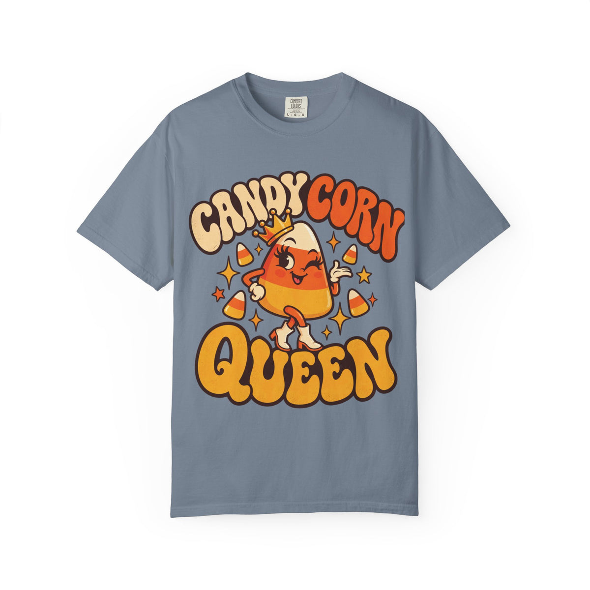 Candy Corn Queen design on a blue jean women's shirt