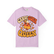 Candy Corn Queen design on an orchid women's shirt