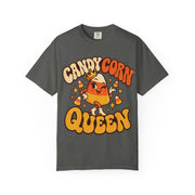 Candy Corn Queen design on a pepper grey women's shirt