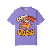 Candy Corn Queen design on a violet women's shirt