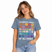Celebrate Minds of All Kinds neurodiversity design on a Comfort Colors shirt