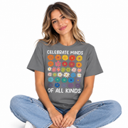 Celebrate Minds of All Kinds neurodiversity design on a Comfort Colors shirt