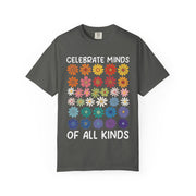 Celebrate Minds of All Kinds above a grid of mismatched flowers, on a pepper grey shirt