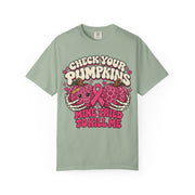 Check Your Pumpkins breast cancer awareness design on a bay green women's shirt