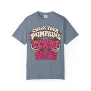 Check Your Pumpkins breast cancer awareness design on a blue jean women's shirt