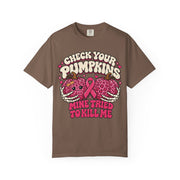 Check Your Pumpkins breast cancer awareness design on an espresso women's shirt