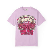 Check Your Pumpkins breast cancer awareness design on an orchid purple women's shirt