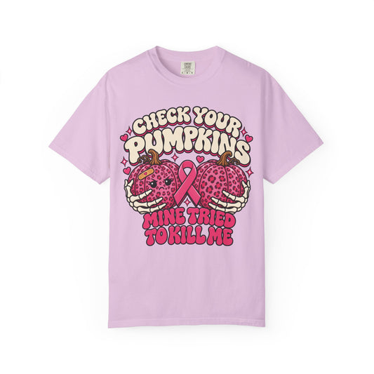 Check Your Pumpkins breast cancer awareness design on an orchid purple women's shirt