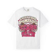 Check Your Pumpkins breast cancer awareness design on a white women's shirt