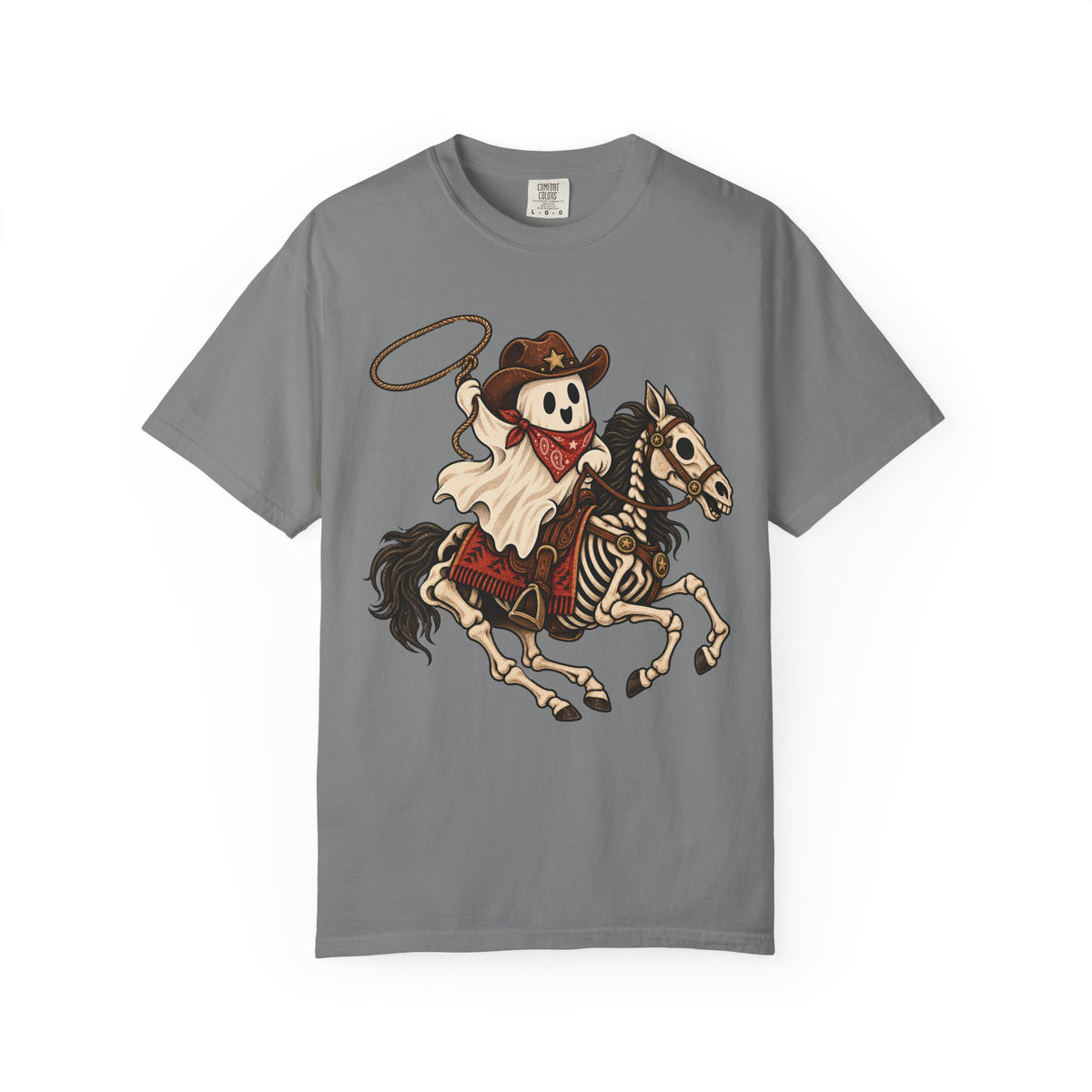 Cowboy ghost riding a skeleton horse with a lasso, on a grey men's shirt