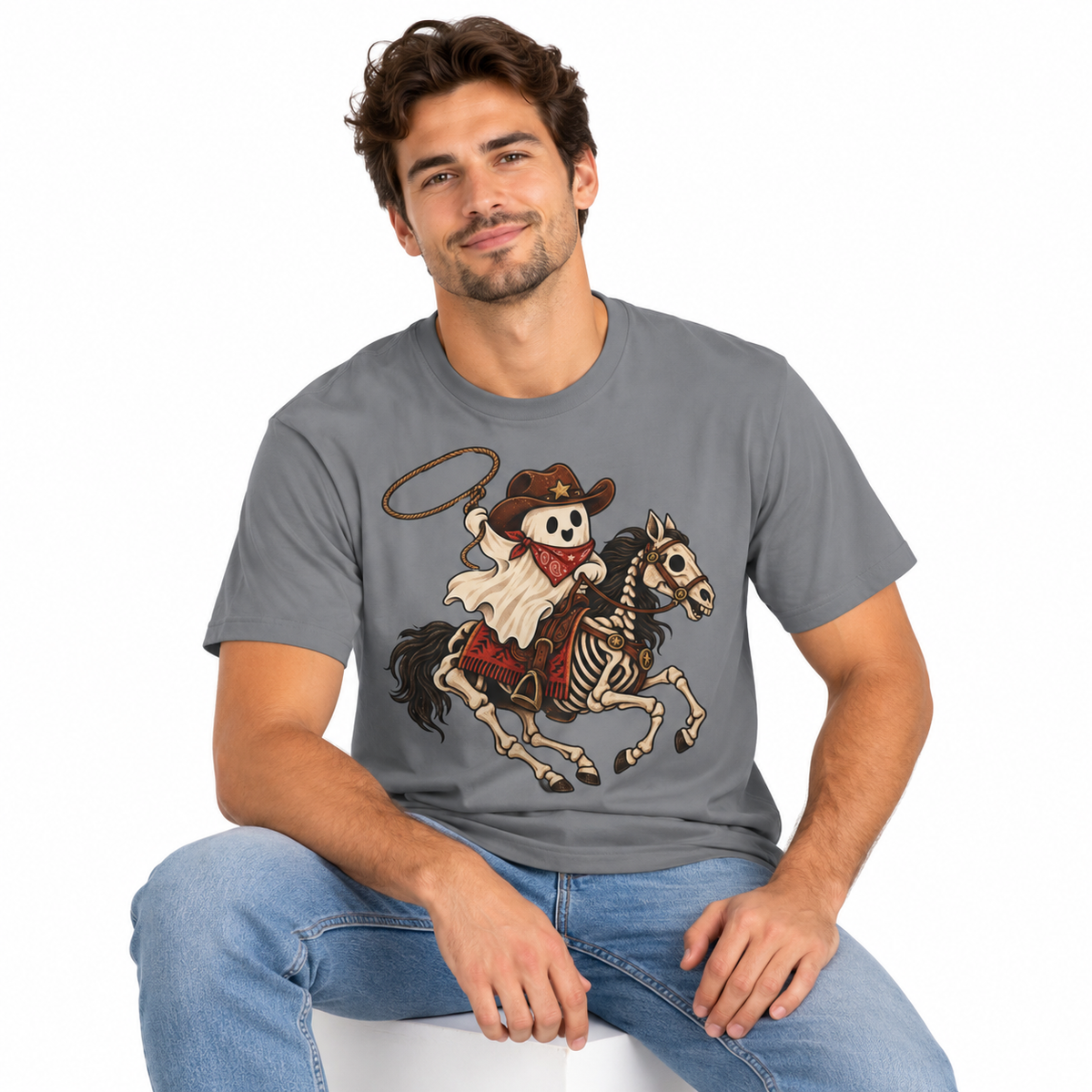 Cowboy ghost on a skeleton horse, Halloween design on a men's Comfort Colors shirt