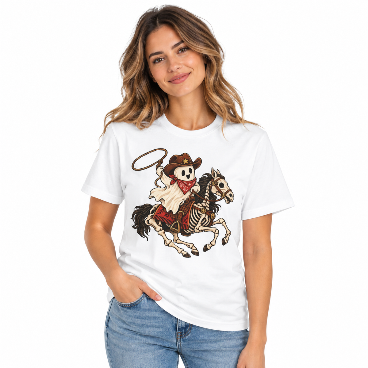 Cowboy ghost on a skeleton horse, Halloween design on a women's Comfort Colors shirt