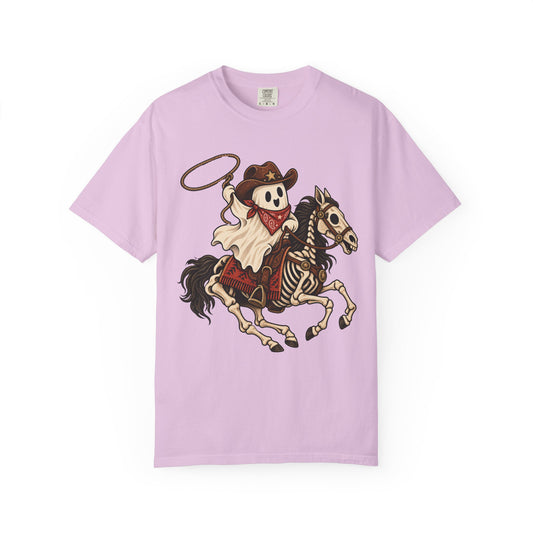 Cowboy ghost on a skeleton horse swinging a lasso, on an orchid purple women's shirt