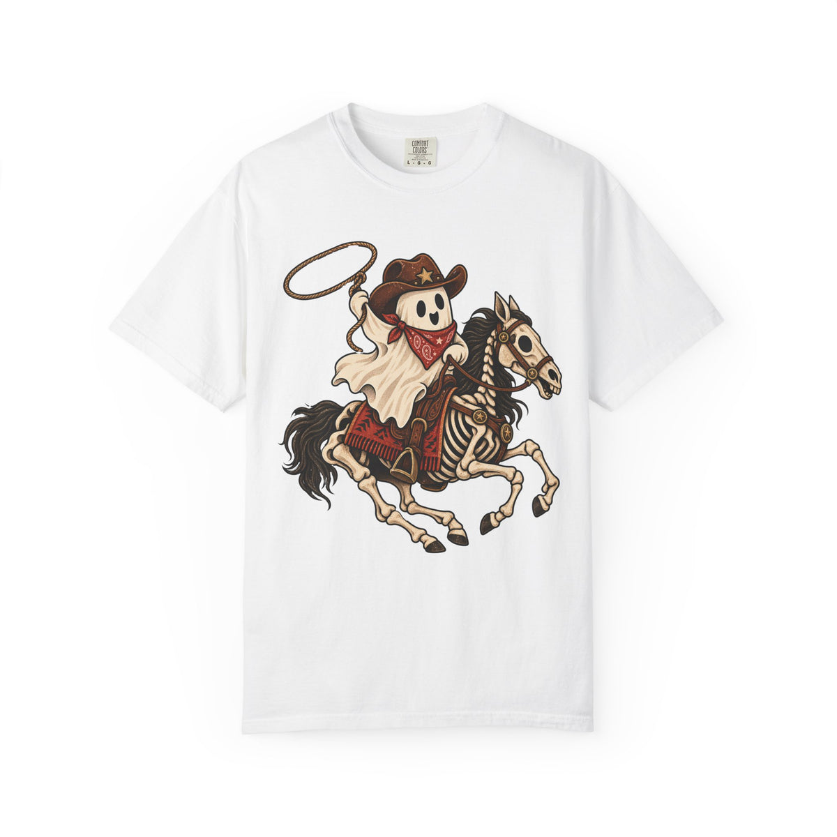 Cowboy ghost on a skeleton horse swinging a lasso, on a white women's shirt