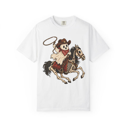 Cowboy ghost on a skeleton horse swinging a lasso, on a white women's shirt