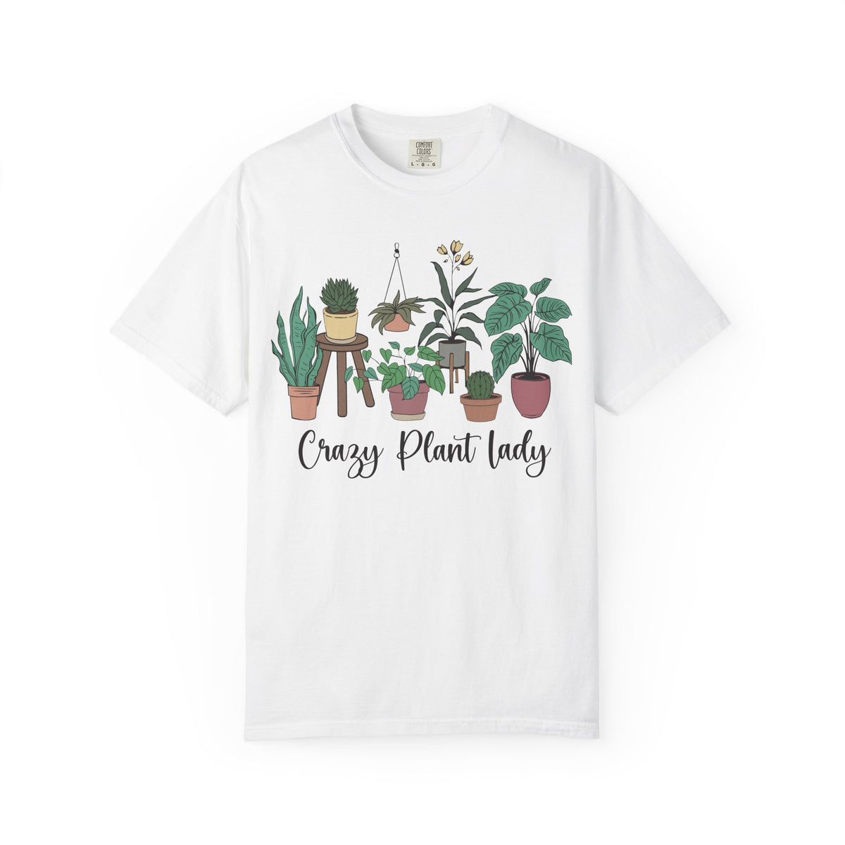 Drawn houseplants with Crazy Plant Lady in script underneath, on a white shirt