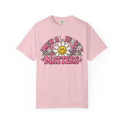 Mental Health Matters with a smiling daisy and pink checkerboard, on a blossom pink shirt