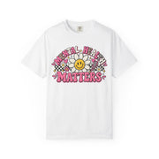 Mental Health Matters with a smiling daisy and pink checkerboard, on a white women's shirt