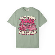 Get Your Boos Checked pink ribbon awareness design on a bay green women's shirt