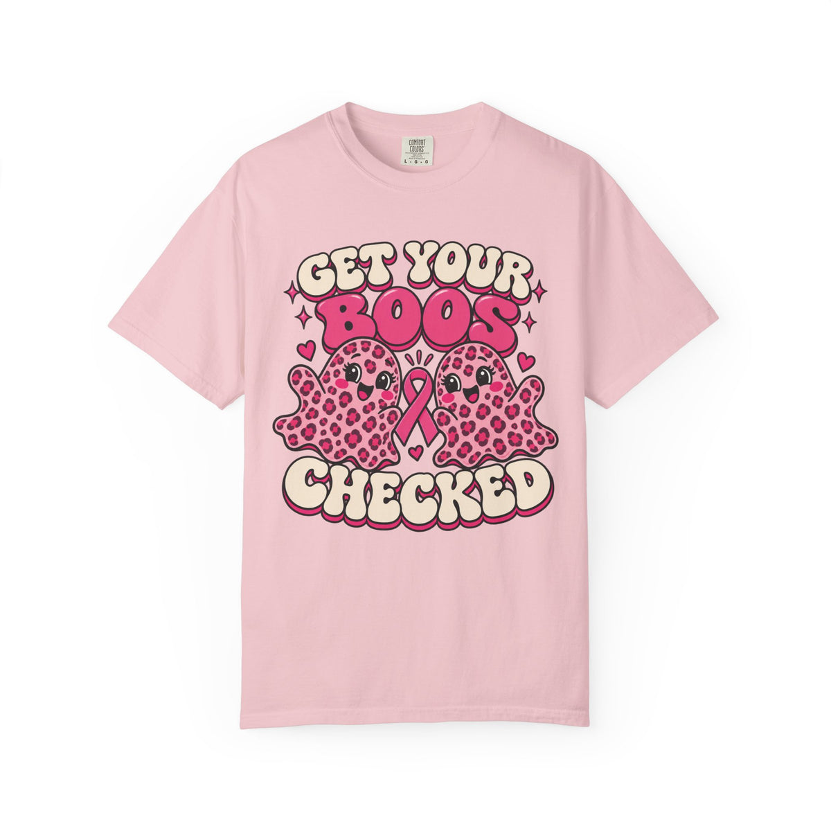 Get Your Boos Checked pink ribbon awareness design on a blossom pink women's shirt