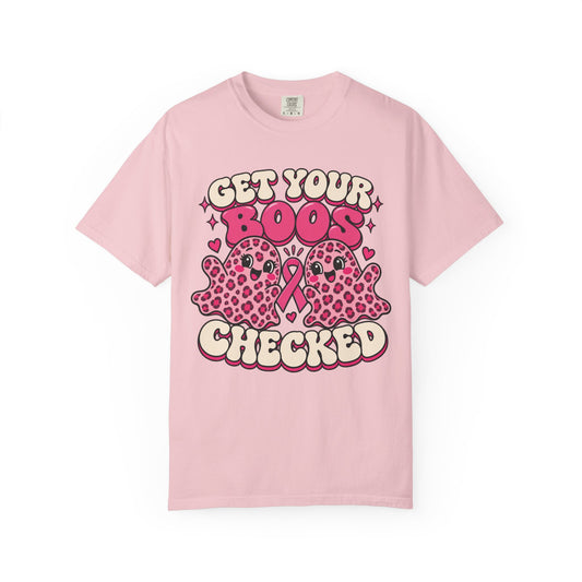 Get Your Boos Checked pink ribbon awareness design on a blossom pink women's shirt